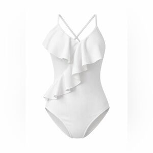 Cupshe White Ruffle One Piece Swimsuit L Textured Crossback Resort Vacation NWT